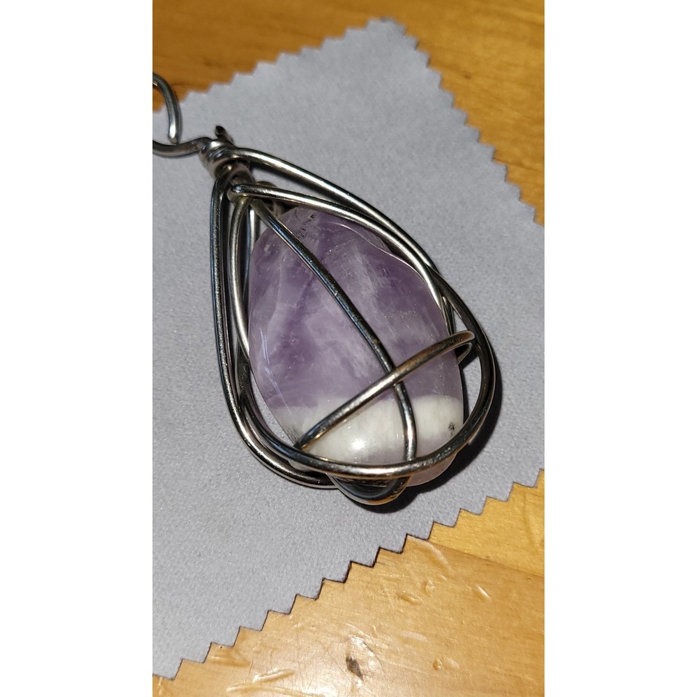 Vintage Wire Wrapped Purple White Stone Teardrop Pendant 32.43g Handmade